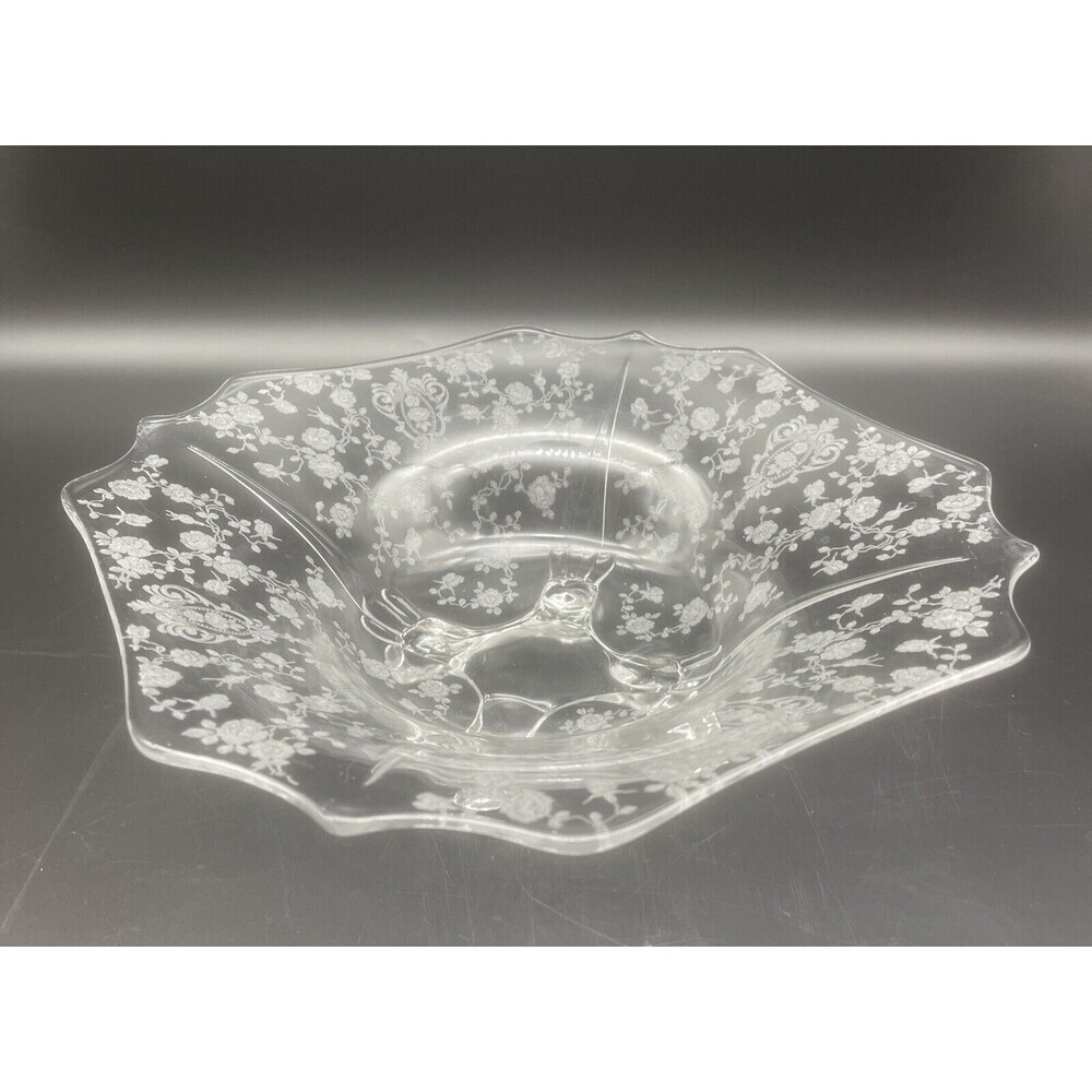 VTG Cambridge Rose Point Floral Clear‎ Glass Footed Square Pedestal Bowl 11.5”